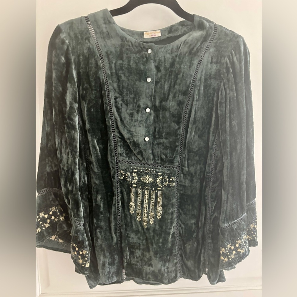 Velvet Embroidered Long Sleeve Women's Top - Slate Blue
